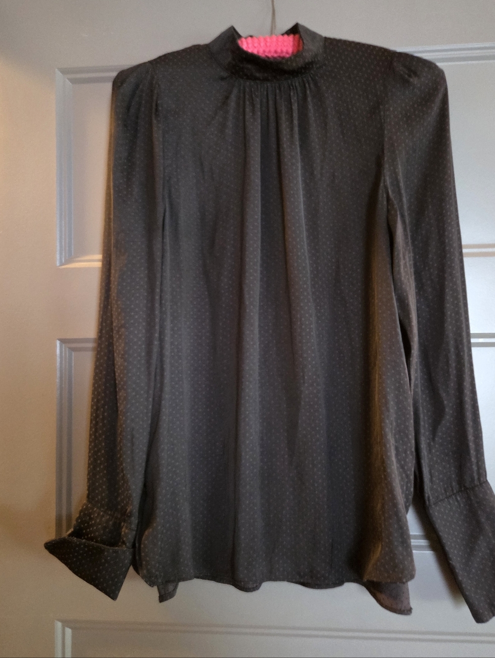 Women’s High-Neck Long Sleeve Blouse - Black With Grey Polka